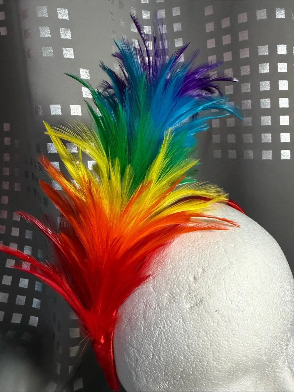 Adult Rainbow Feather Headband on Red Satin Ribbon Base